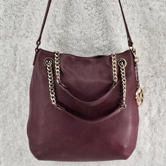 MICHAEL KORS Merlot Pebble Leather Hobo Satchel Shoulder Bag Large Logo Charm - Picture 15 of 15